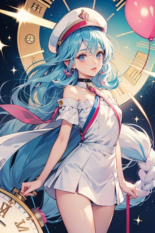 ADtchi has light blue skin and pink lips. she has round eyes and round ears on the side of his head. she has long, skinny arms and legs. she wears a backwards white cap on her head and a clock on a rope around her neck. she has red straps on her legs, and one holds a walkie-talkie, and the other holds a white rolled paper. she usually holds signs with messages for the TAMAX-TV crew. SPARKLE; GLITTER