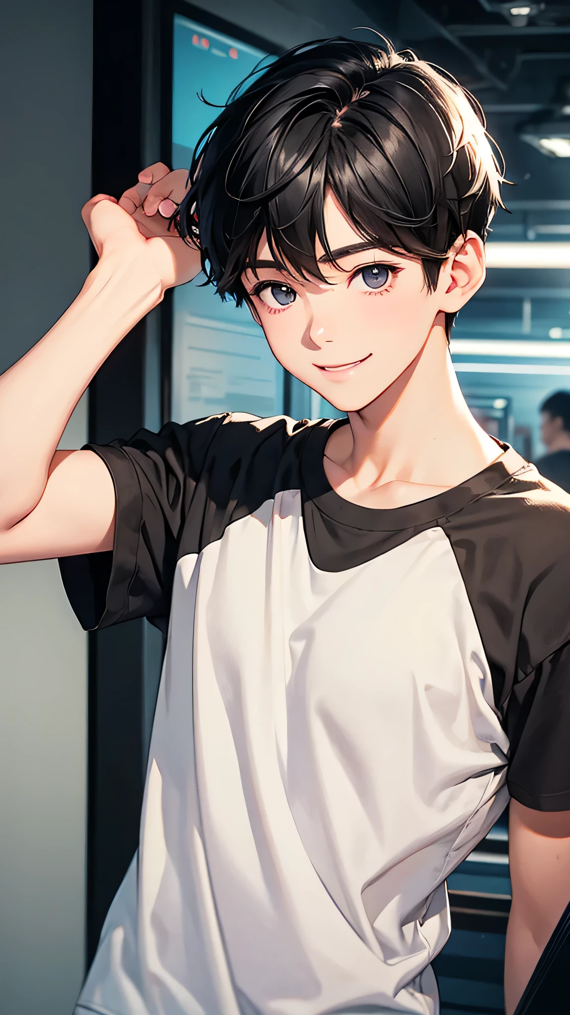 highest quality、Realistic、boy、zoom、cute、Grey Eyes、Black Hair、the forehead is protruding、Very Short Hair、Large size t-shirts、Shorts、Looking down、smile、Bust Shot、thin、
