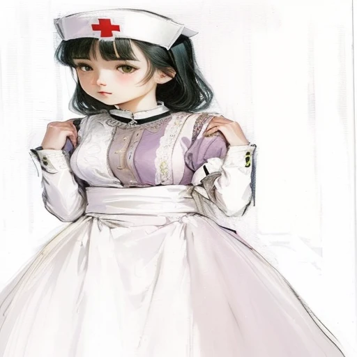 a drawing of a nurse in a white dress and a red cross, inspired by William Mustart Lockhart, colored sketch, inspired by Alice Prin, inspired by Li Chevalier, inspired by Violet Fuller, inspired by Yukihiko Yasuda, inspired by Henriette Wyeth,  in dress, in the art style of bowater