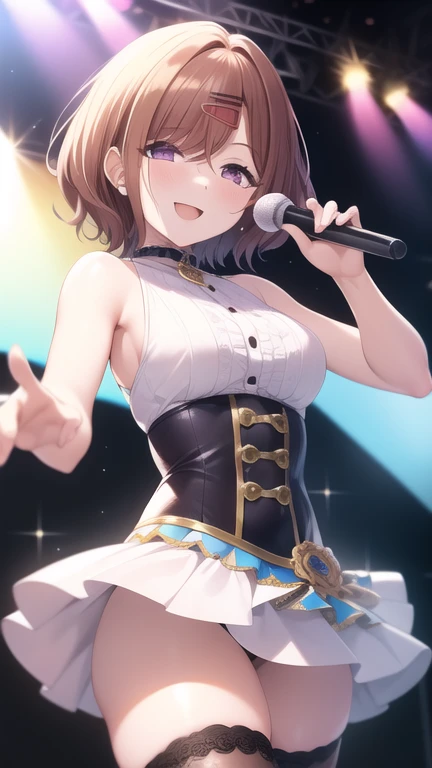 masterpiece, best quality, 1girl, solo, higuchi madoka, brown hair, mole under eye, hair ornament, hairclip, short hair, bangs, purple eyes, cowboy shot, idol, idol dress, thighhighs, smile, on the stage