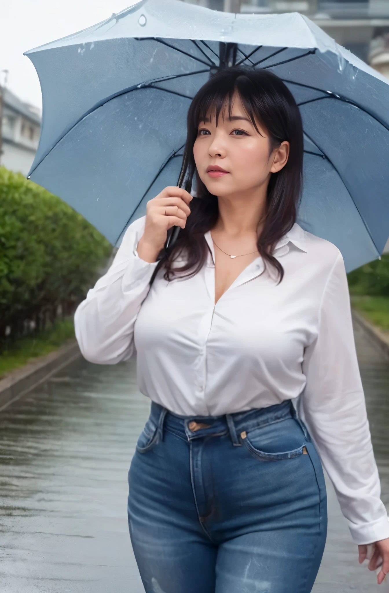 (top-quality, masterpiece,photo realistic,ultra-detailed,Textured skin:1.2),break  (hold on umbrella),rainy day,(1 girl),
break  (denim pants),(shirts),
break (japanese mature woman),(50 years old),
break (natural hair style),natural eyeblow,