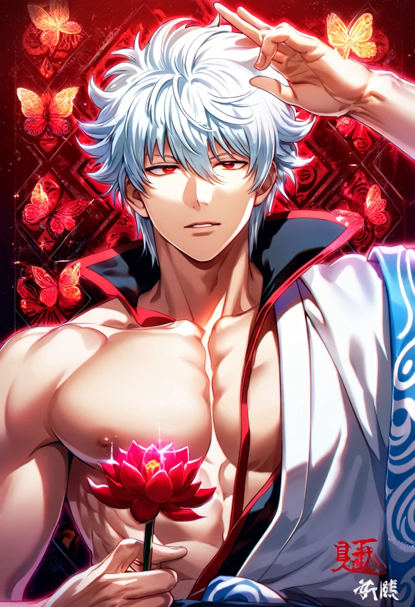 absurdres, highres, ultra detailed, HDR, master piece, best quality, Sakata Gintoki, white hair, expressive red eyes, Gintama, solo, sexy man, handsome, toned chest, white kimono, patterns, magical, fantasy, red background, red lotus, shining, red petals, red glittering butterflies