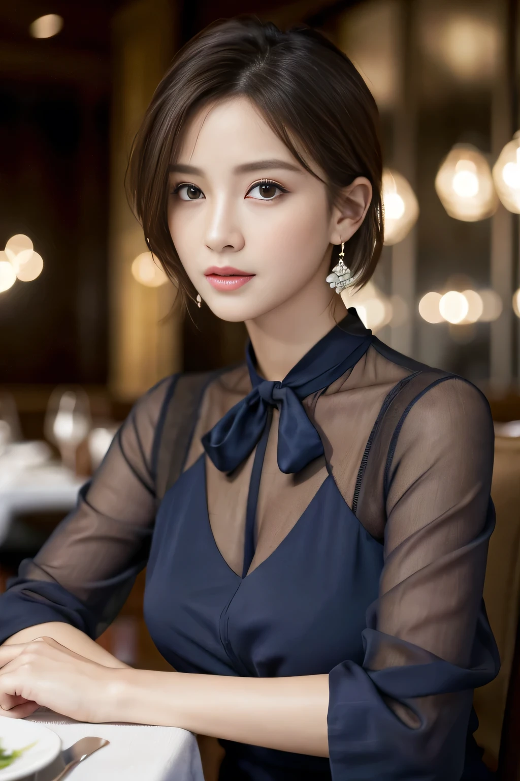 masterpiece, highest quality, Realistic, Very detailed, Finer details, High resolution, 8k wallpaper, One beautiful woman, Wear an elegant navy blue see-through blouse, In a great restaurant, At night, Light brown unkempt short hair, Perfect dynamic composition, Beautiful and beautiful eyes、Big earrings、Sitting in a chair、