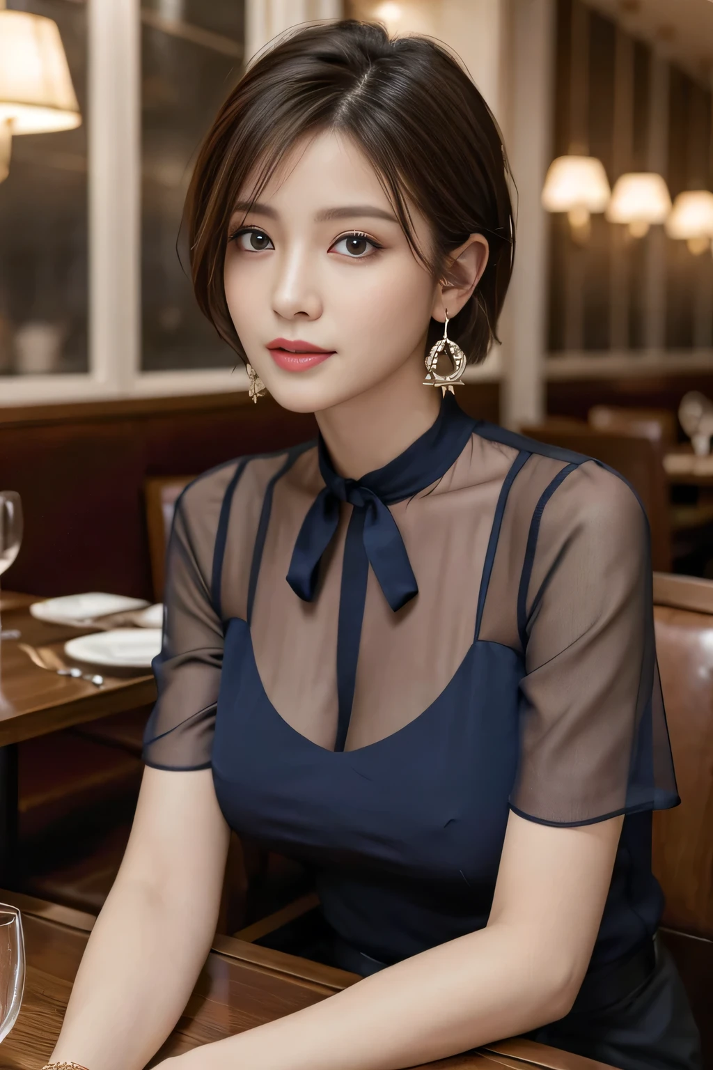 masterpiece, highest quality, Realistic, Very detailed, Finer details, High resolution, 8k wallpaper, One beautiful woman, Wear an elegant navy blue see-through blouse, In a great restaurant, At night, Light brown unkempt short hair, Perfect dynamic composition, Beautiful and beautiful eyes、Big earrings、Sitting in a chair、