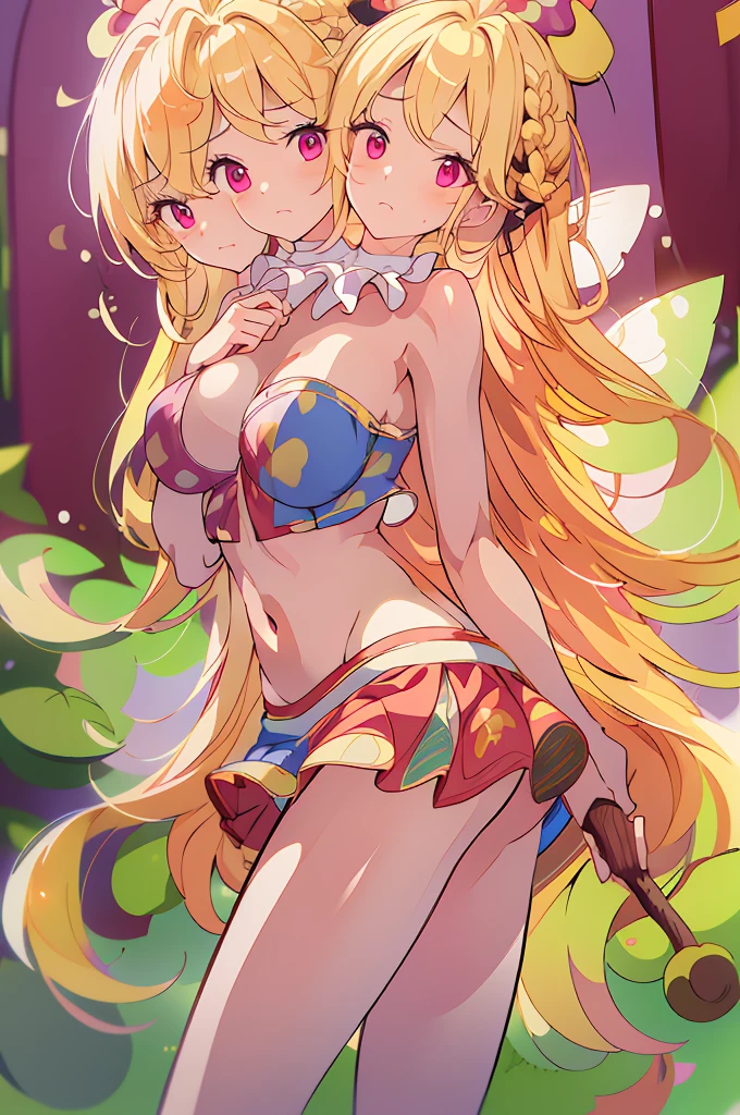 (masterpiece, best quality), best quality, (ultra-detailed), (3heads:1.5), 1girl, (ultra-detailed), (3heads:1.5), 1girl, (clownpiece:1.3), masterpiece, best quality, ultra quality, ultra resolution, ultra detail, red and blue top, crop top, ((stomach)), midriff, ((groin)), red and blue skirt, normal ears, shackles, blonde hair, very long hair, wavy hair, sidelocks, pink eyes, parted lips, blonde, sweat, cute, toned belly, hand on own chest, eyelashes, (24 year old woman:1.3), (masterpiece:1.5), (best quality:1.5), (beautiful detailed), extremely detailed CG, extremely delicate and beautiful, depth of field, (finely detailed face), (perfect details:1.2), (mature female:1.3), wide pelvis, slender, large veiny breast, 16k resolution, highres, very high quality, very high definition, extremely detailed, masterpiece, blonde hair, long hair, alluring presence, braid, short skirt, close up, big tits, young, purple, polka-dotted jester's hat, fairy wings, torch, nsfw, open belly,