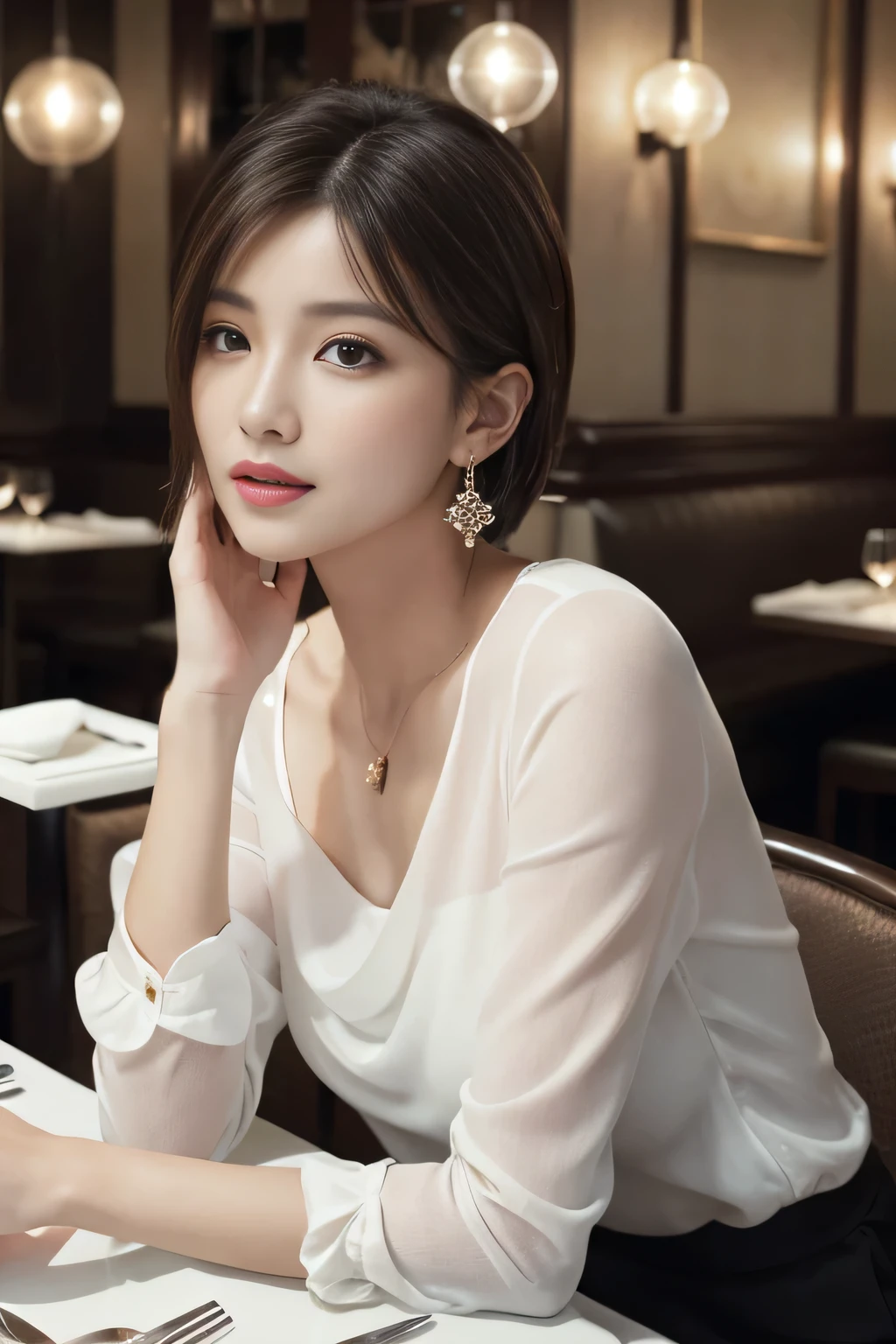 masterpiece, highest quality, Realistic, Very detailed, Finer details, High resolution, 8k wallpaper, One beautiful woman, Wear an elegant white see-through blouse, In a great restaurant, At night, Light brown unkempt short hair, Perfect dynamic composition, Beautiful and beautiful eyes、Big earrings、Sitting in a chair、