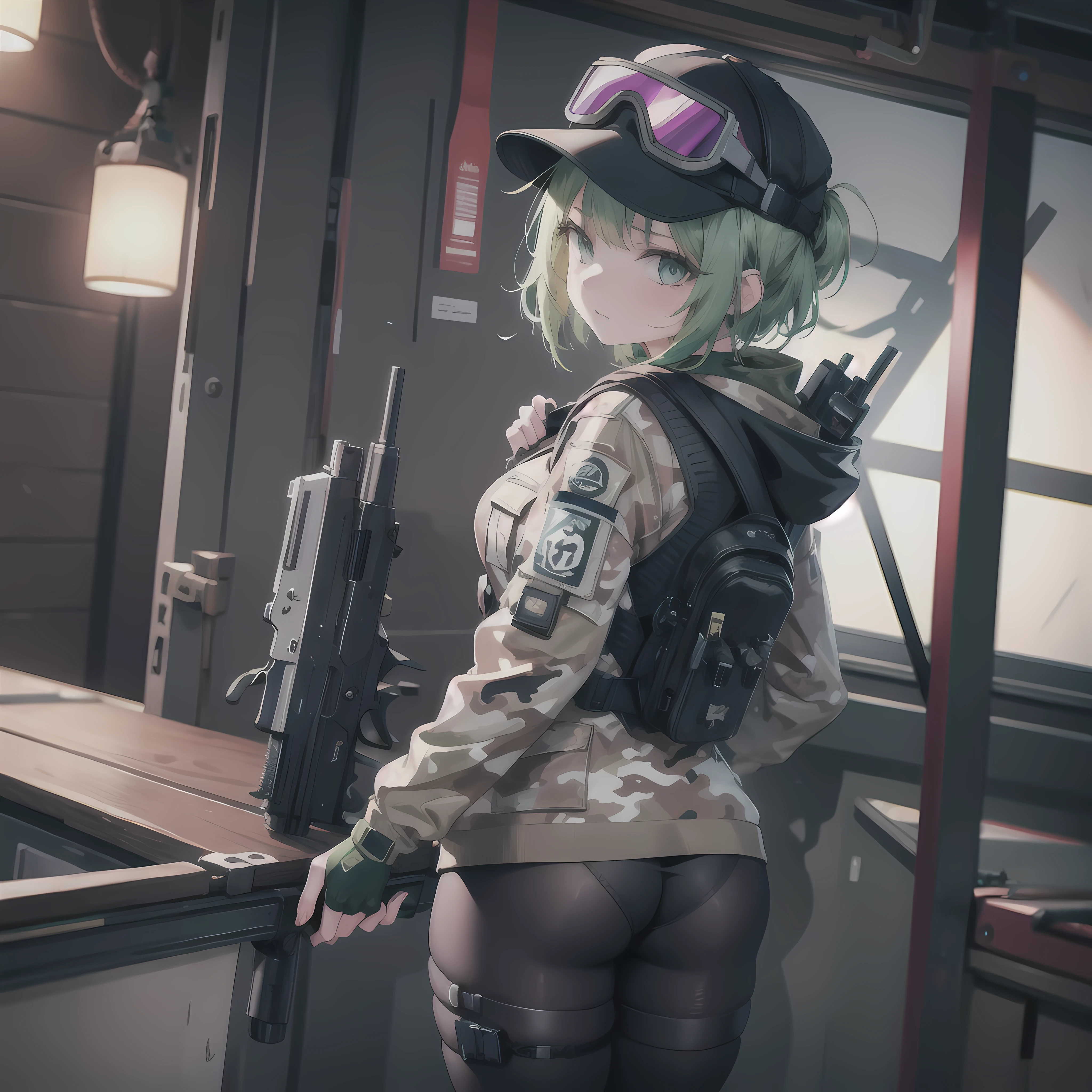 ((masterpiece)),(best quality),official art,extremely detailed CG,unity 8k wallpaper,ultra detailed,1girl,solo,ela, jacket, leggings, latex legwear, fingerless gloves, military uniform, camouflage, baseball cap, goggles on headwear, 1girl, solo, handgun, spotlight, looking down, determined, dramatic, cute, booty, backside facing viewer, thicc , really attractive