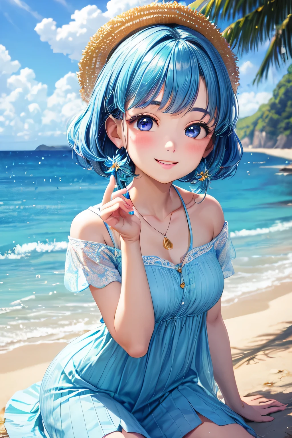 ((melhor qualidade)), ((Obra de arte)), (detalhado), rosto perfeito uma garota bonita de cabelo azul de olhos amarelos, with natural cosmetics for a happy face looking to the side, com lindo vestido azul