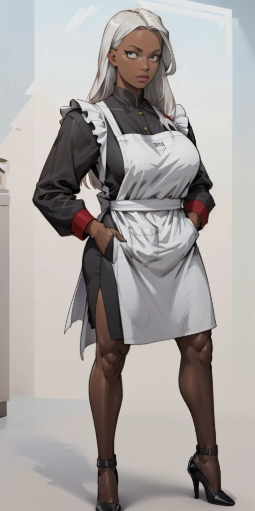 (Masterpiece, plain background:1.2) 1sologirl standing metal high heels, straight, long messy white hair, black skin maid outfit, hands inside pockets, white apron with pockets