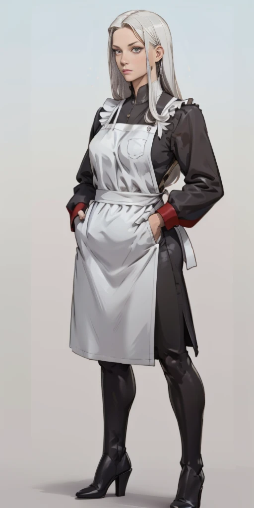 (Masterpiece, plain background:1.2) 1sologirl standing metal high heels, straight, long messy white hair, black skin maid outfit, hands inside pockets, white apron with pockets