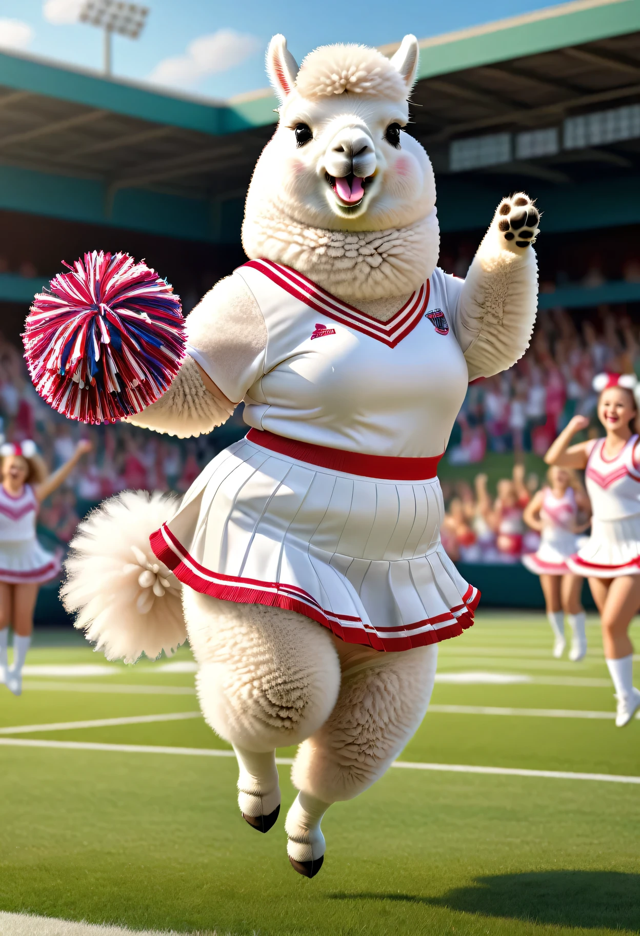 photorealistic portrait of Dressed animals - a ((fat)) white alpaca cheerleader ,(action pose:1.5),(jumping),(happy smile),(furry), high quality,(lovely) ,intricate detailed decorations, highly detailed (cheerleader wear), skirt and underwear, holding pom-pom, grass sports field background , (happy), perfect lighting,(full body image:2.0)