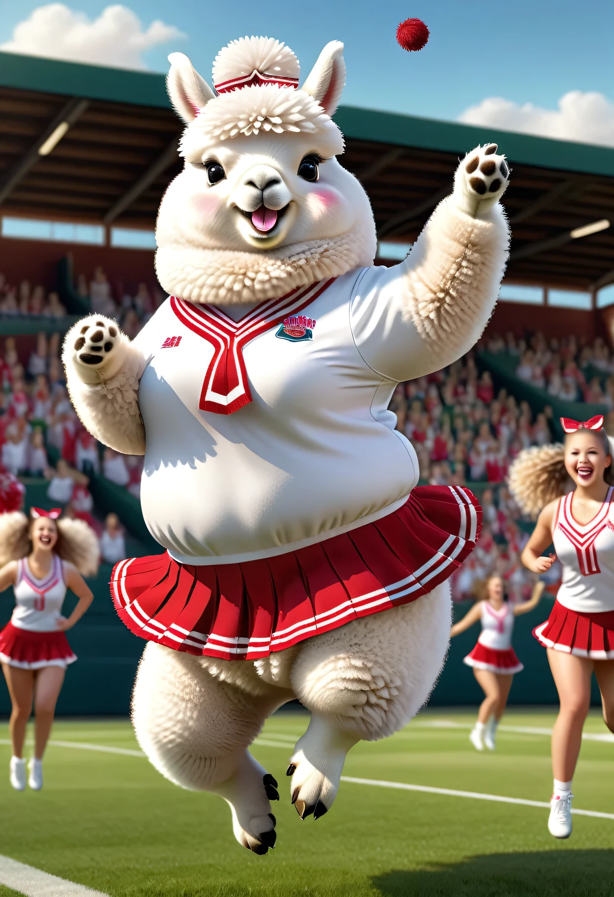 photorealistic portrait of Dressed animals - a ((fat)) white alpaca cheerleader ,(action pose:1.5),(jumping),(happy smile),(furry), high quality,(lovely) ,intricate detailed decorations, highly detailed (cheerleader wear), skirt and underwear, holding pom-pom, grass sports field background , (happy), perfect lighting,(full body image:2.0)