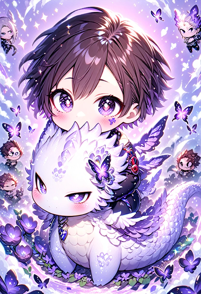 Ultra detailed, Highres, absurdres, HDR, Chisaki Kai Chibi, Overhaul, dark brown hair, short hair, expressive golden eyes, white necktie, black shirt, glittering purple butterflies, Boku No Hero Academia, white gloves, petals, magical, man, cute, very detailed eyes and face, master piece, purple background, purple flowers, glittering, fantasy, hugging a purple dragon, best quality,