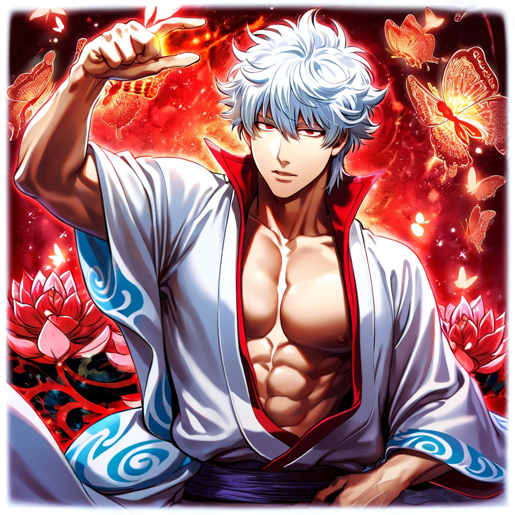 absurdres, highres, ultra detailed, HDR, master piece, best quality, Sakata Gintoki, white hair, expressive red eyes, Gintama, solo, sexy man, handsome, toned chest, white kimono, patterns, magical, fantasy, red background, red lotus, shining, red petals, red glittering butterflies