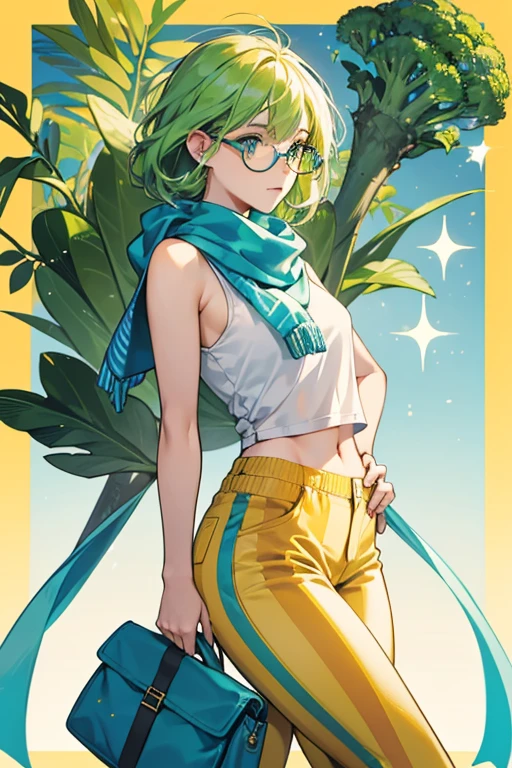 she is yellow in color with a long head. she wears a white tank top with blue stripes, a dark blue scarf, light blue pants, a brown fanny pack, and oval-shaped glasses. Her hair is tall and green, similar to broccoli. SPARKLE; GLITTER