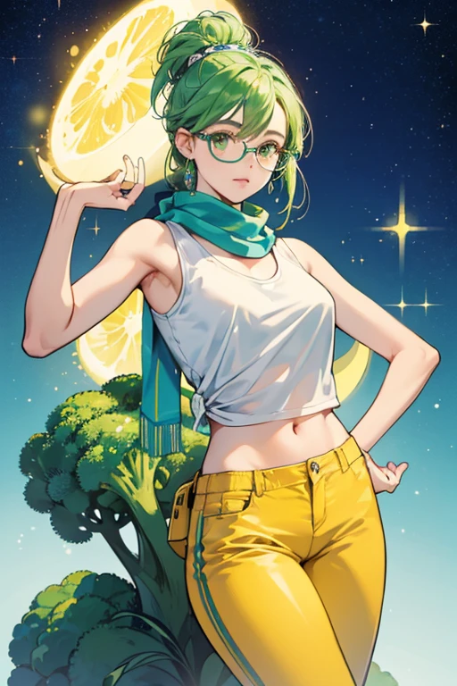 she is yellow in color with a long head. she wears a white tank top with blue stripes, a dark blue scarf, light blue pants, a brown fanny pack, and oval-shaped glasses. Her hair is tall and green, similar to broccoli. SPARKLE; GLITTER