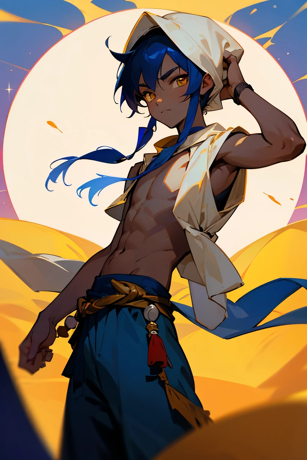 Aladdin、boy, Yellow Eyes, Dark Skin, 10 years old, 10 years old 黒髪、,White skin,Arabian white turban