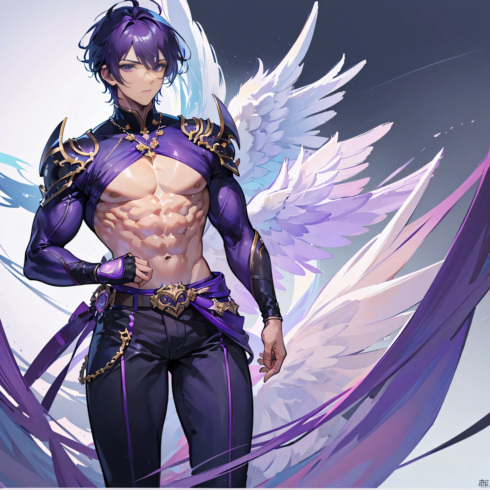 ((Masterpiece, Highest quality)), Male, boy, Detailed face, character design sheet,full bodyesbian, Full of details, frontal body view, back body view, Highly detailed, character sheet, character design, Many parts, dark skin, angel wings, short purple hair, angel outfit, masculine, male muscle, Muscle boy with purple short hair,handsome man, male angel , man tall, abs, pectoral muscle