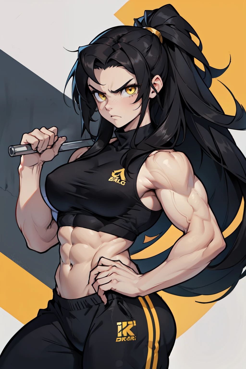 angry ((((1girl)))) (((bodybuilder))) pale skin black hair very long hair yellow eyes midriff