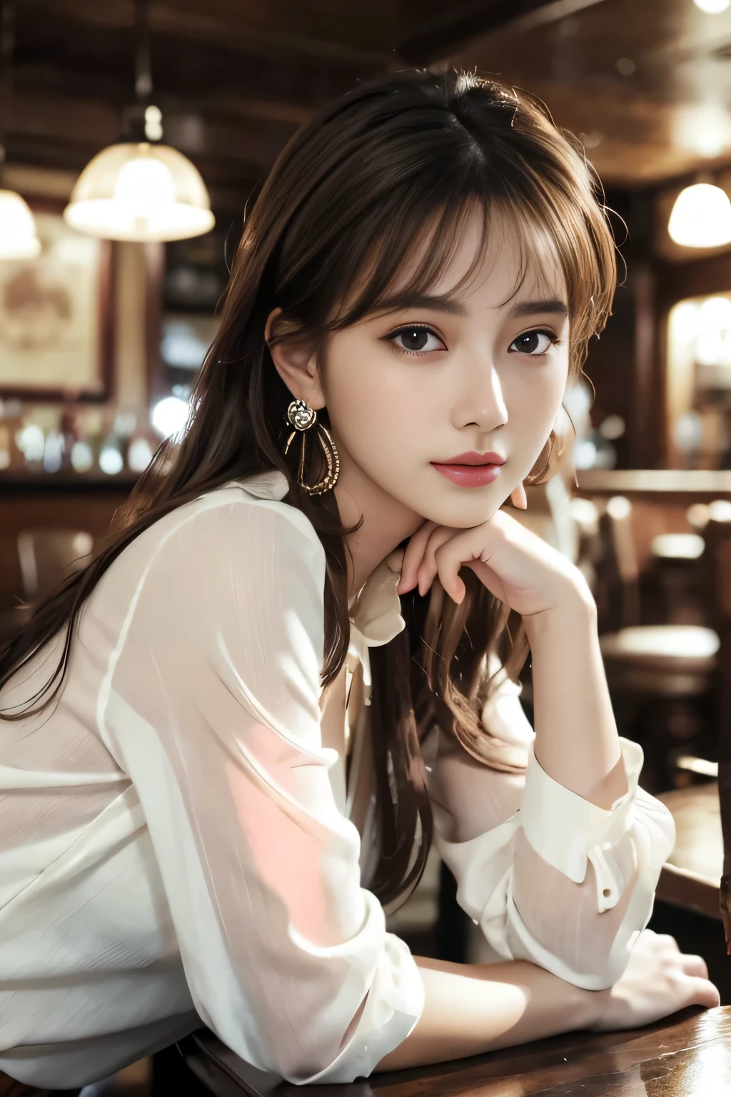 masterpiece, highest quality, Realistic, Very detailed, Finer details, High resolution, 8k wallpaper, One beautiful woman, Wear a white see-through blouse, In a great pub, At night, Light brown messy hair, Perfect dynamic composition, Beautiful and beautiful eyes、Big earrings、Sitting in a chair、