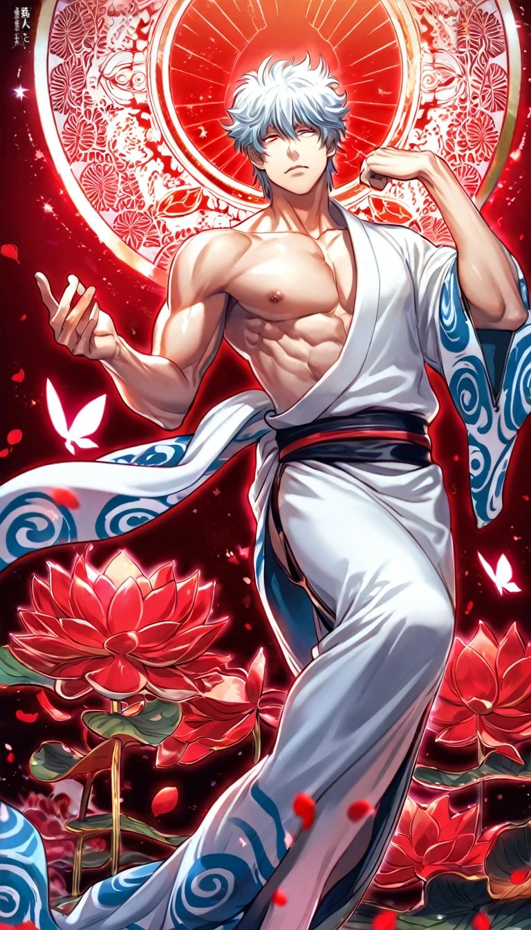 absurdres, highres, ultra detailed, HDR, master piece, best quality, Sakata Gintoki, white hair, expressive red eyes, Gintama, solo, sexy man, handsome, toned chest, white kimono, patterns, magical, fantasy, red background, red lotus, shining, red petals, red glittering butterflies