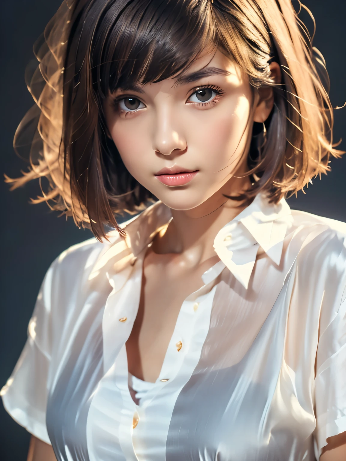 High resolution, Beautiful teenage girl with dark hair, Beautiful brown droopy eyes, ((Very short bob hair)), Silk Skin, blush, Realistic, Portraiture, Masterpiece art, One Woman (White shirt:1.5), Flat Chest, 8k, White wall background, Shadow