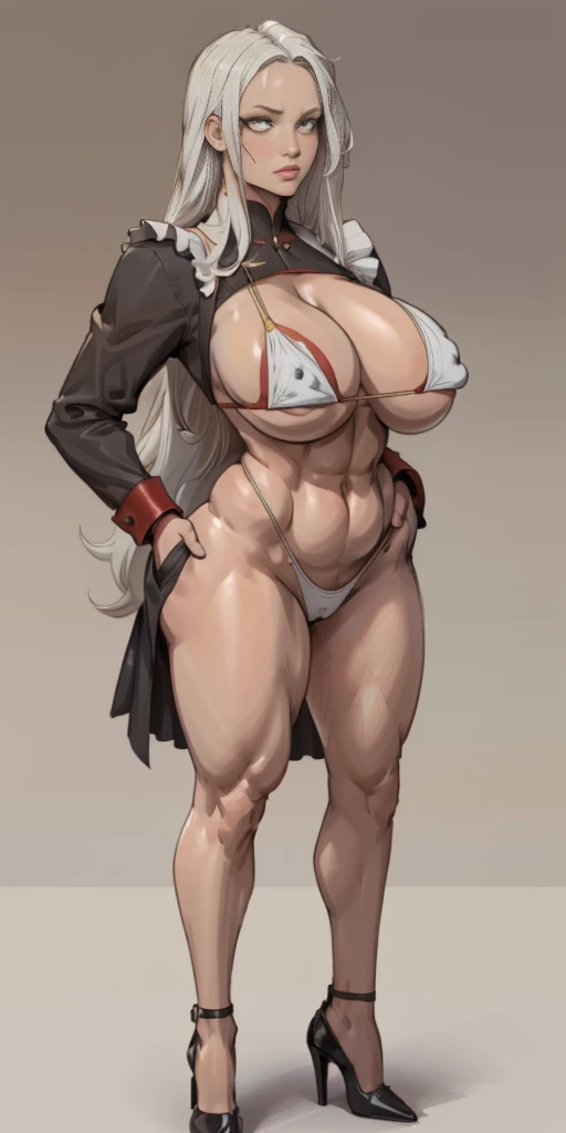 (Masterpiece, plain background:1.2) 1sologirl standing red high heels 👠 straightforward symmetrical, long messy white hair, black bikini maid hands inside pockets, white apron with pockets, big knockers breastplate