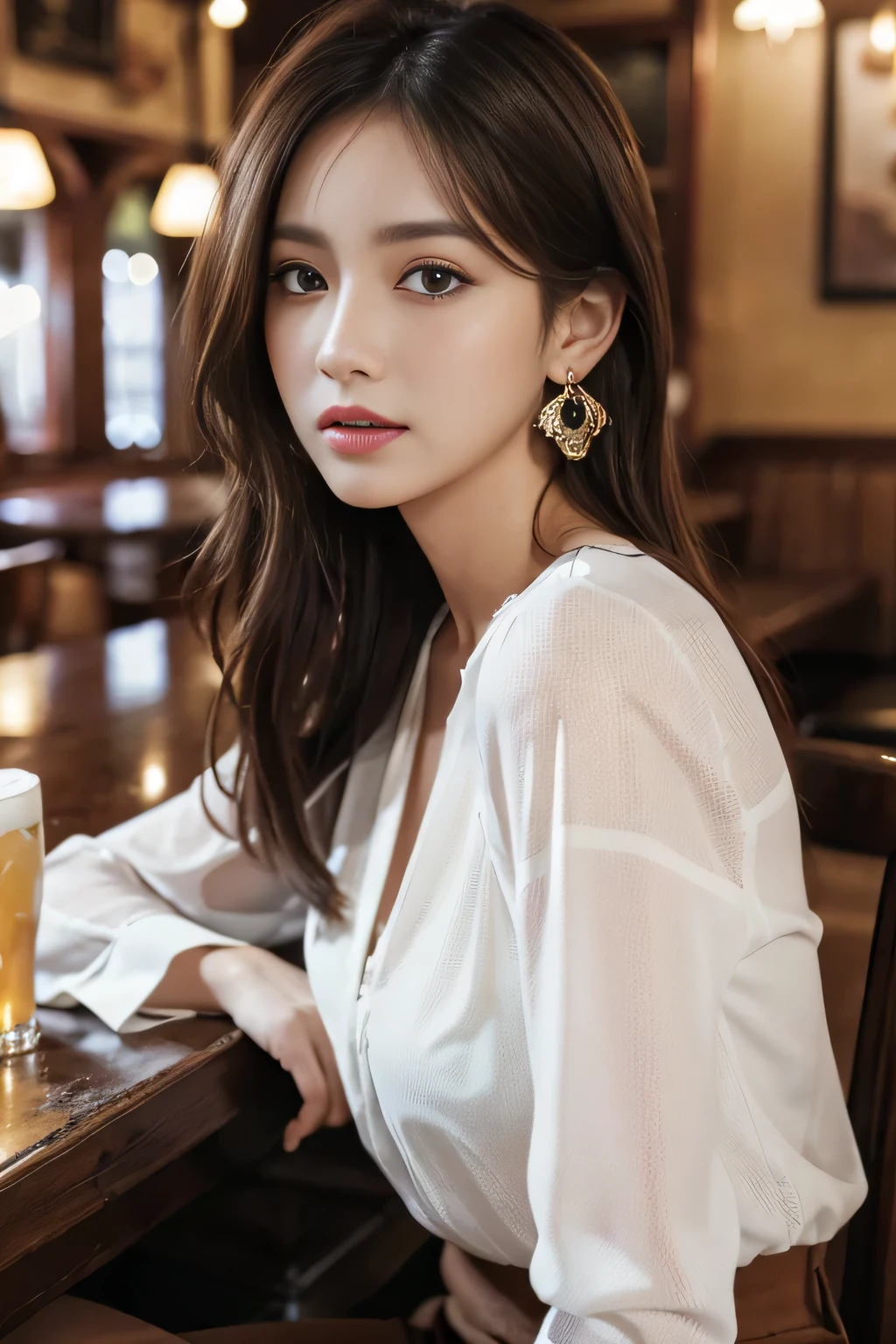 masterpiece, highest quality, Realistic, Very detailed, Finer details, High resolution, 8k wallpaper, One beautiful woman, Wear a white see-through blouse, In a great pub, At night, Light brown messy hair, Perfect dynamic composition, Beautiful and beautiful eyes、Big earrings、Sitting in a chair、
