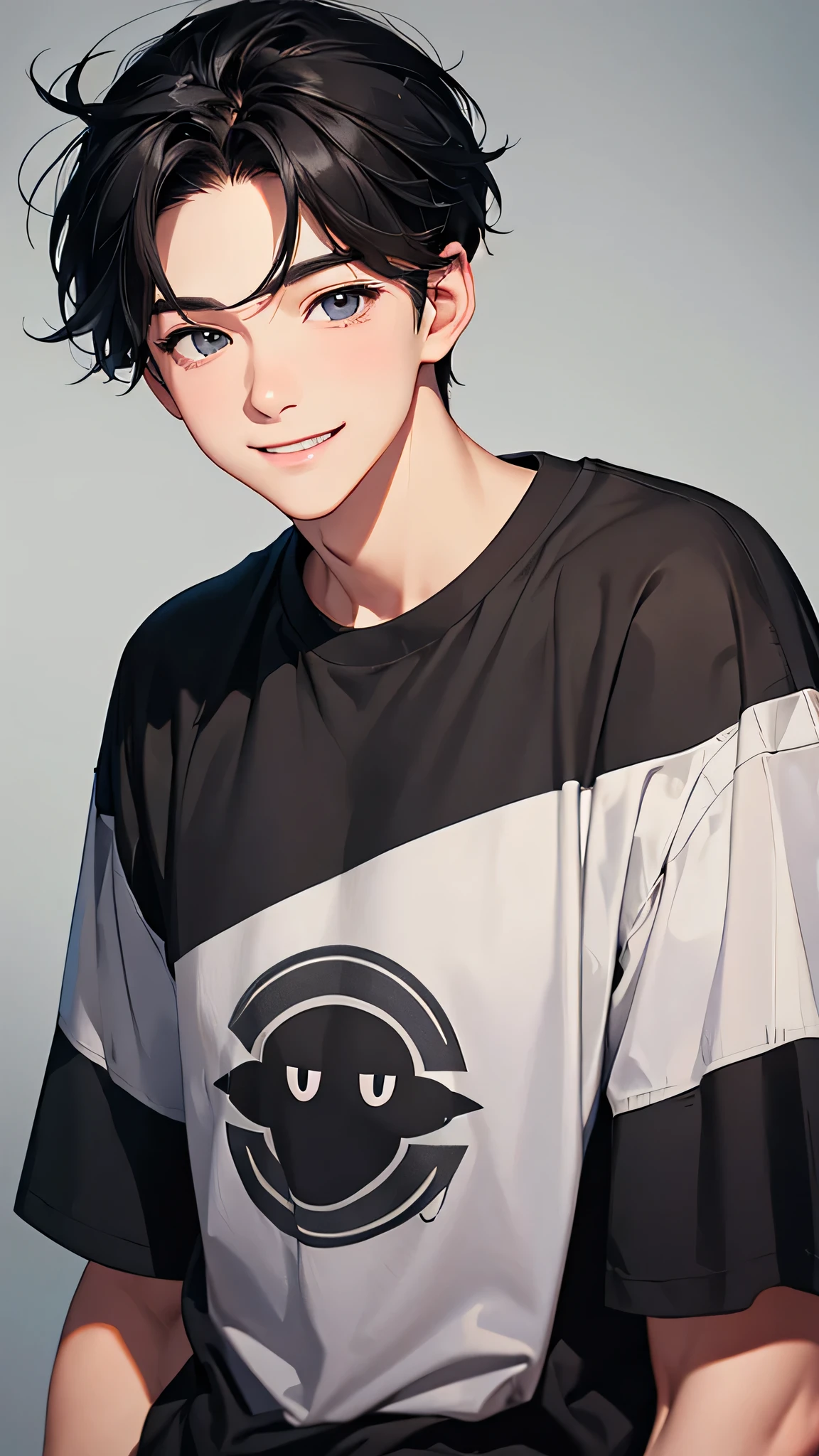 highest quality、Realistic、boy、zoom、cute、Grey Eyes、Black Hair、the forehead is protruding、Medium Hair、T-Shirts、Looking down、smile、Bust Shot、thin、