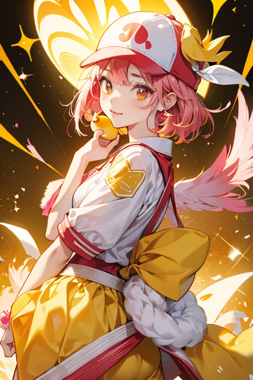 Akahiyotchi resembles a yellow chick wearing pants that are shaped like a cracked eggshell. She wears a red and white cap that is decorated with two pink bows. She has an orange beak and dot eyes. SPARKLE; GLITTER