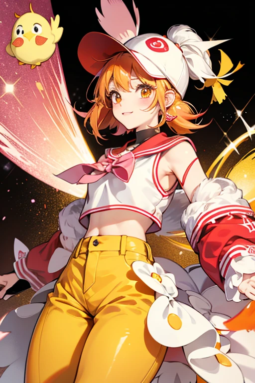 Akahiyotchi resembles a yellow chick wearing pants that are shaped like a cracked eggshell. She wears a red and white cap that is decorated with two pink bows. She has an orange beak and dot eyes. SPARKLE; GLITTER