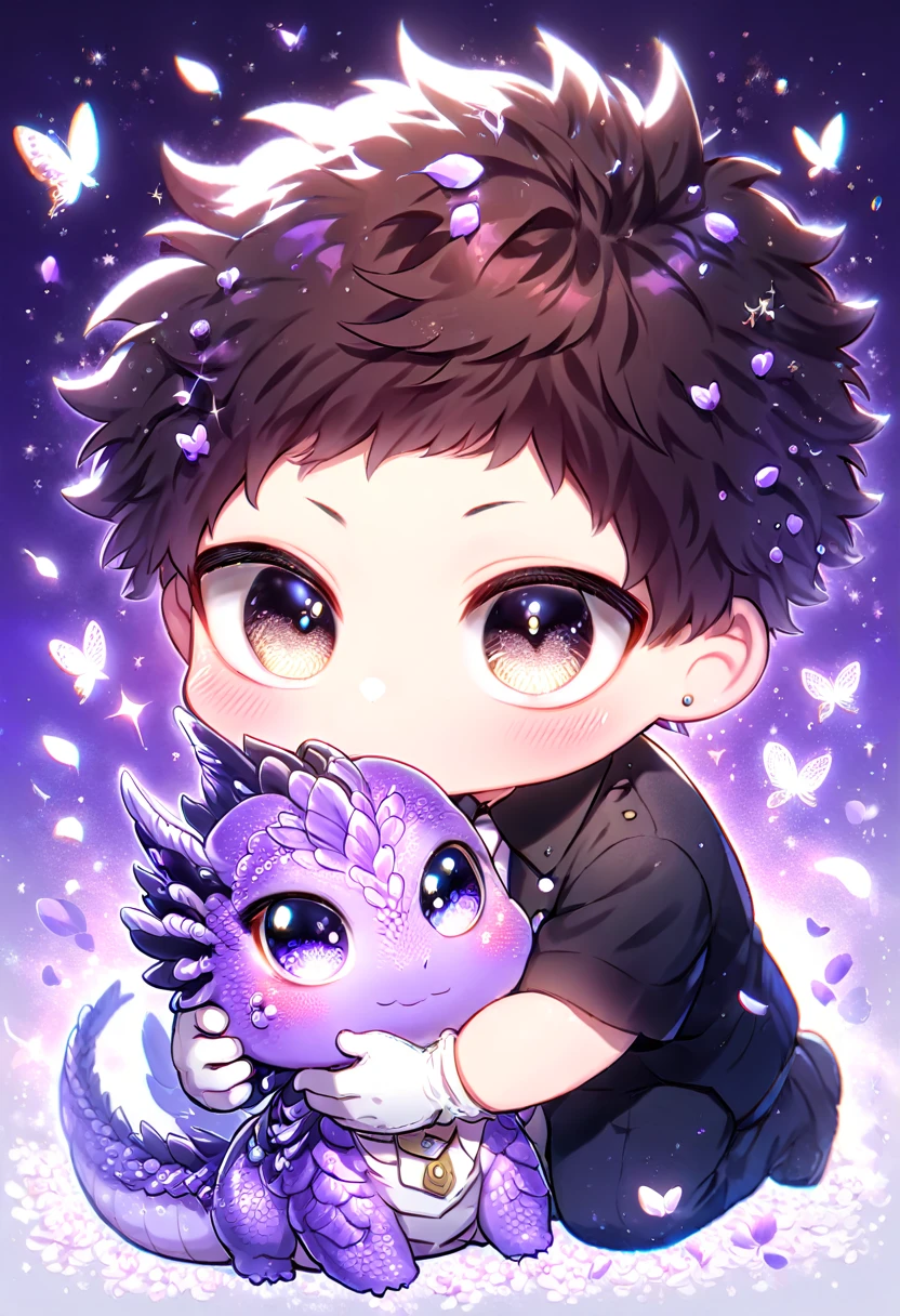 Ultra detailed, Highres, absurdres, HDR, Chisaki Kai Chibi, Overhaul, dark brown hair, short hair, expressive golden eyes, white necktie, black shirt, glittering purple butterflies, Boku No Hero Academia, white gloves, petals, magical, man, cute, very detailed eyes and face, master piece, purple background, purple flowers, glittering, fantasy, hugging a purple dragon, best quality,