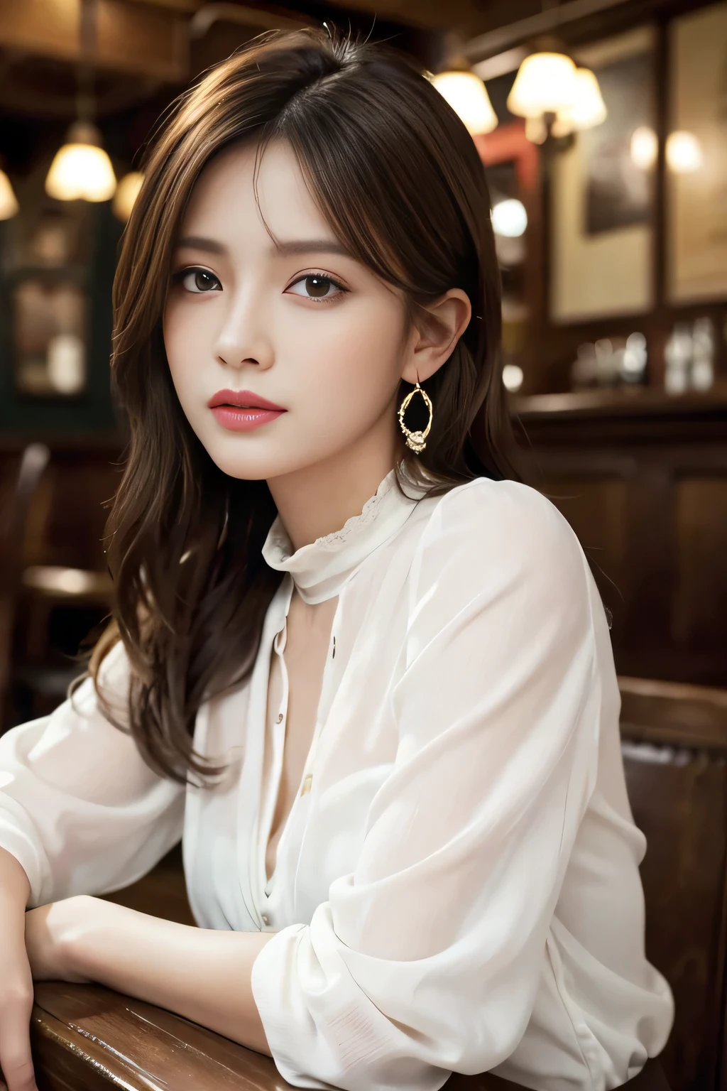 masterpiece, highest quality, Realistic, Very detailed, Finer details, High resolution, 8k wallpaper, One beautiful woman, Wear a white see-through blouse, In a great pub, At night, Light brown messy hair, Perfect dynamic composition, Beautiful and beautiful eyes、Big earrings、Sitting in a chair、
