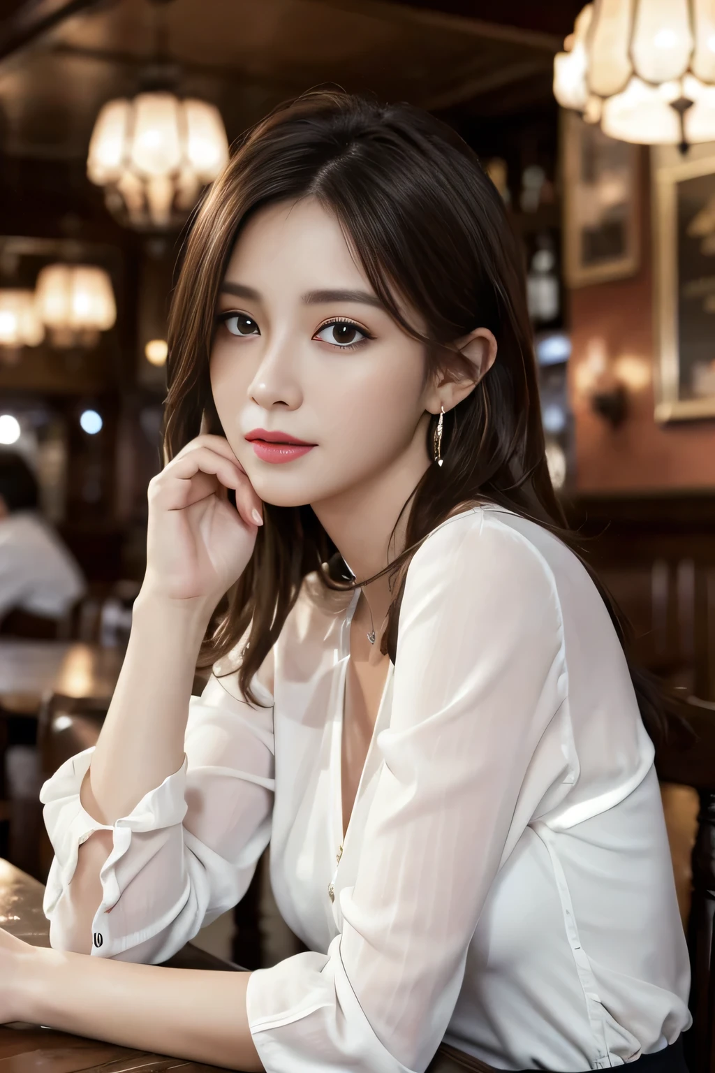 masterpiece, highest quality, Realistic, Very detailed, Finer details, High resolution, 8k wallpaper, One beautiful woman, Wear a white see-through blouse, In a great pub, At night, Light brown messy hair, Perfect dynamic composition, Beautiful and beautiful eyes、Big earrings、Sitting in a chair、