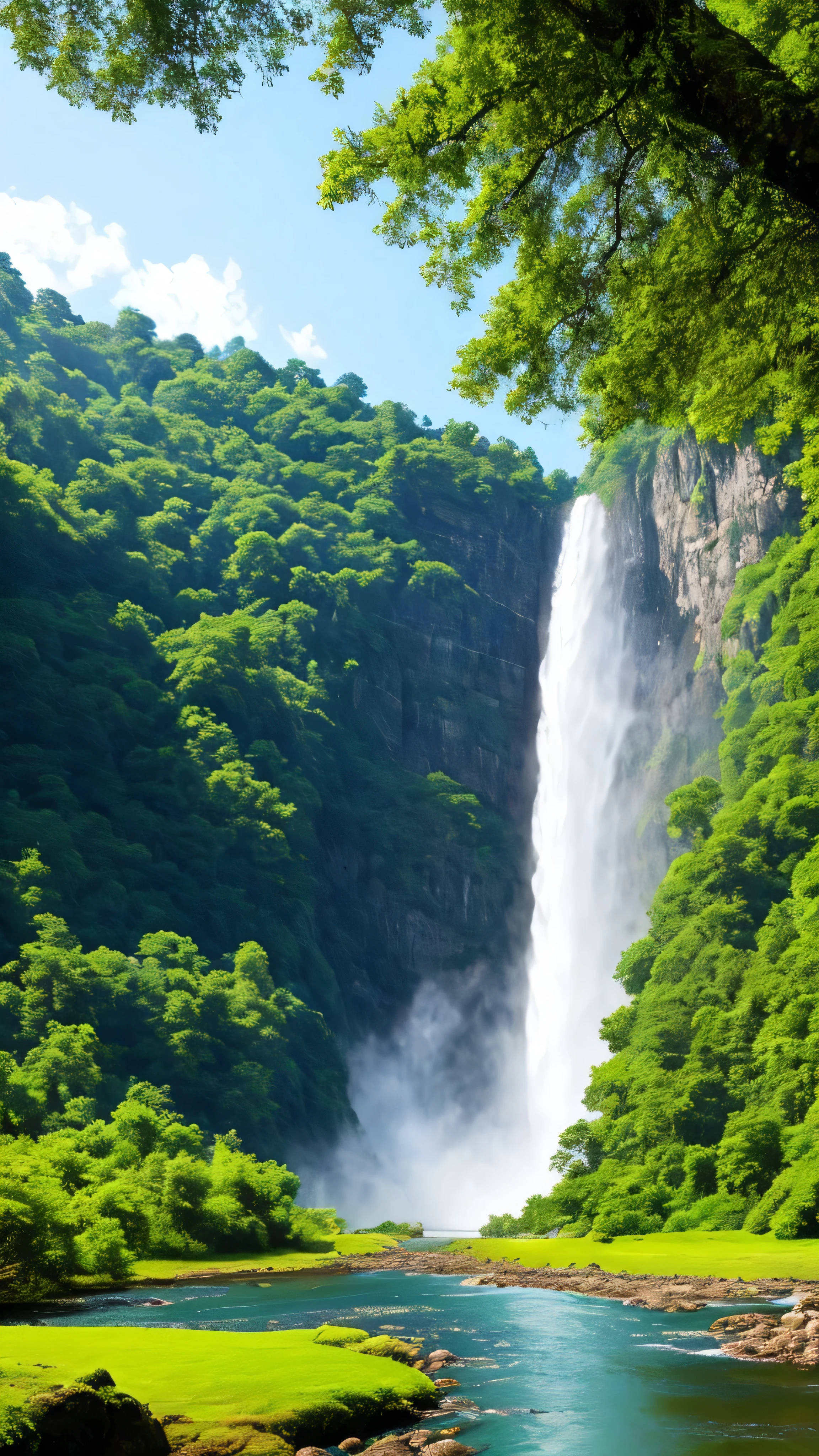 A captivating masterpiece, showcasing the best quality and high resolution, crafted as an extremely detailed CG unity 8k wallpaper. This scenery, set outdoors amidst a day bustling with life, features a tranquil sky adorned with ethereal clouds, with no humans in sight. Towering mountains, covered in lush greenery and jagged cliffs, dominate the landscape while rivers and tranquil lakes weave through the scene. The blue sky is dotted with the misty veil of a waterfall, cascading down the rocky cliffside. Trees sway gently, adding a touch of nature's rhythm to the artwork.