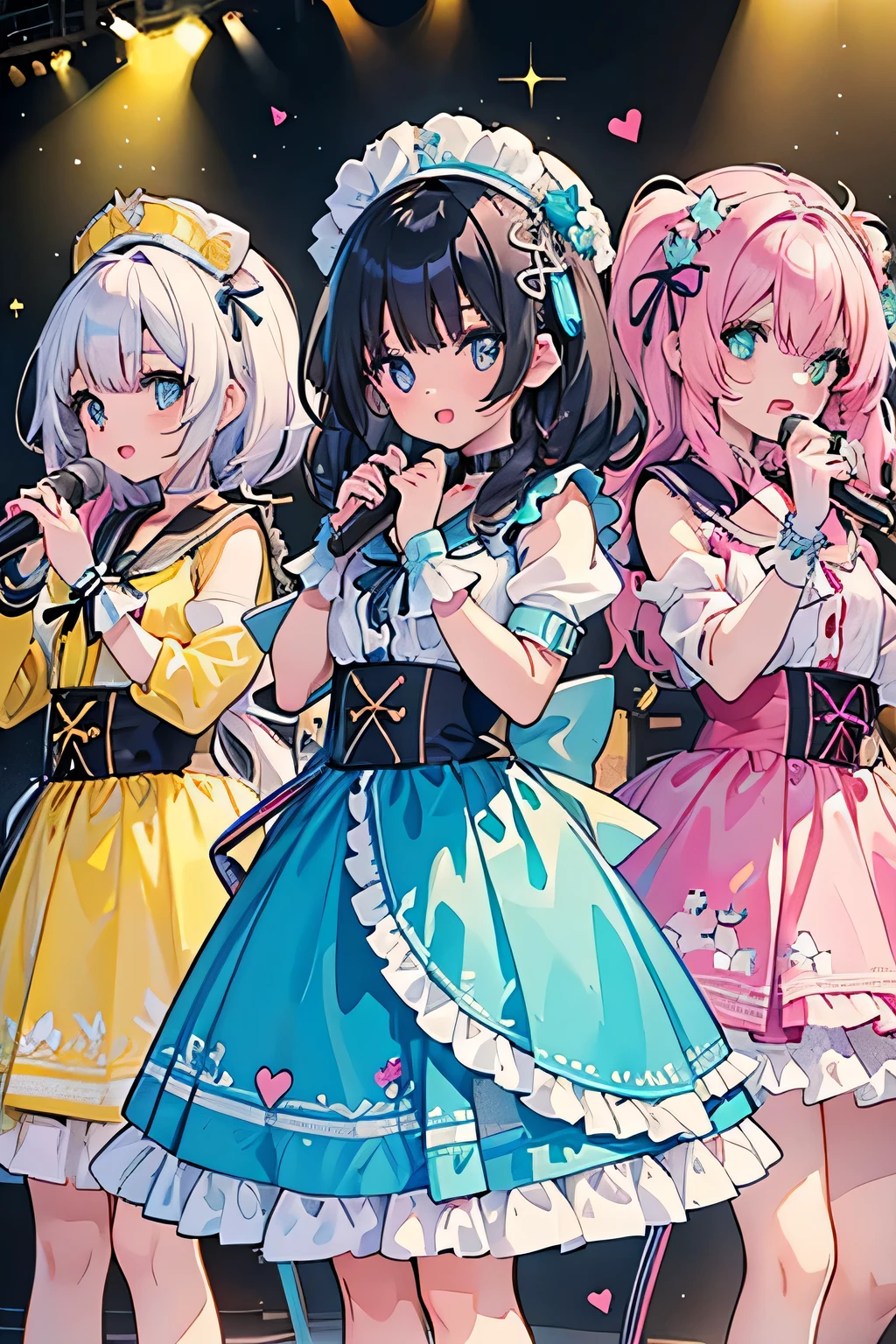 highest quality、High resolution、Detailed Background、(Beautiful face in every detail:1.4)、Anatomically correct、(Detailed facial expressions)、(Detailed eyes:1.2)、(Detailed eyes:1.2)、Teenage beauty、(Highly detailed face:1.4)、Brightly colored hair、well-groomed eyebrows、Cute Eye Makeup、Cute Lip Makeup、Cosplay-style sailor dress、No sleeve、White Stockings、A big smile、Impressive、(Uplifting)、Idol Style、chemical light、Show your side、Hide your hands、
(Three beautiful girls singing on stage:1.5)、
Costumes and accessories are made to glow using fluorescent paints and glitter.、Bright colors and pop colors、pink、yellow、Pastel colors etc.、Ruffles and laces、Sleeves and hems of clothing、Ruffles and laces are applied to the collar etc.、Animal and floral patternotifs such as hearts、Dresses and skirts、Femininity and cuteness、Hair accessories and ribbons