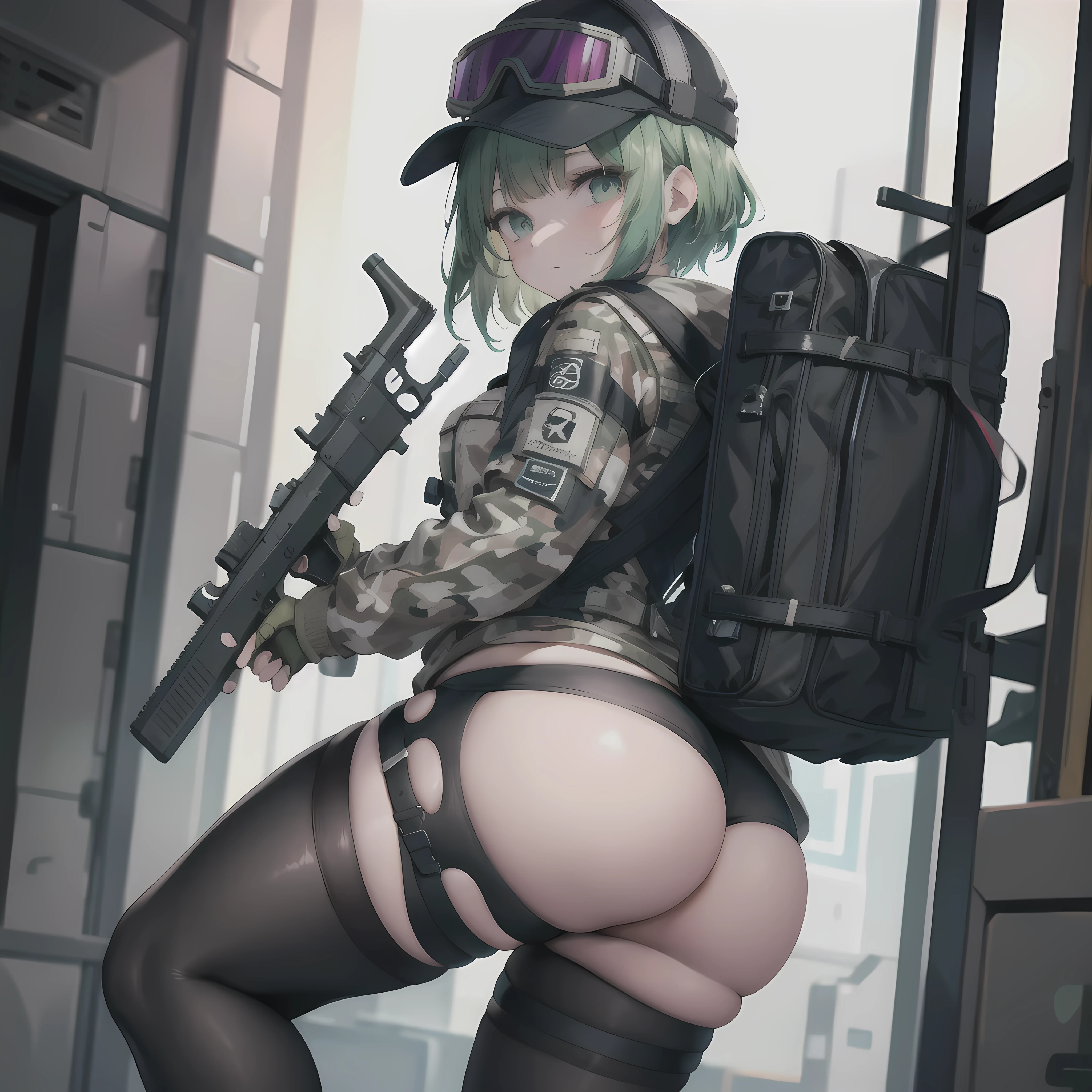 ((masterpiece)),(best quality),official art,extremely detailed CG,unity 8k wallpaper,ultra detailed,1girl,solo,ela, jacket, leggings, latex legwear, fingerless gloves, military uniform, camouflage, baseball cap, goggles on headwear, 1girl, solo, handgun, spotlight, looking down, determined, dramatic, cute, booty, backside facing viewer, thicc , really attractive