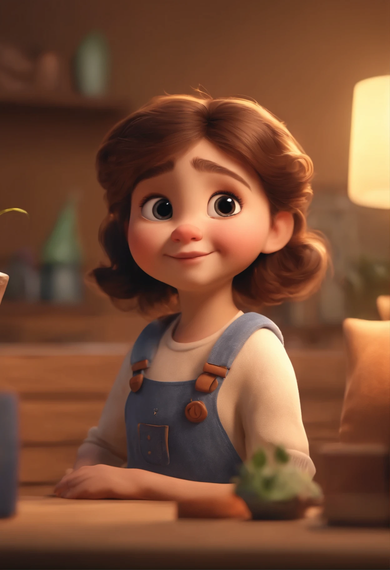 1girl, pixar style, stylized cartoon character, adorable face, cute big eyes, button nose, small mouth, round chubby cheeks, long eyelashes, messy hair, (best quality,4k,8k,highres,masterpiece:1.2),ultra-detailed,(realistic,photorealistic,photo-realistic:1.37),vibrant colors,soft lighting,warm palette,3d render,highly detailed,intricate details,flawless skin,adorable expression,dynamic pose,playful,whimsical,endearing
