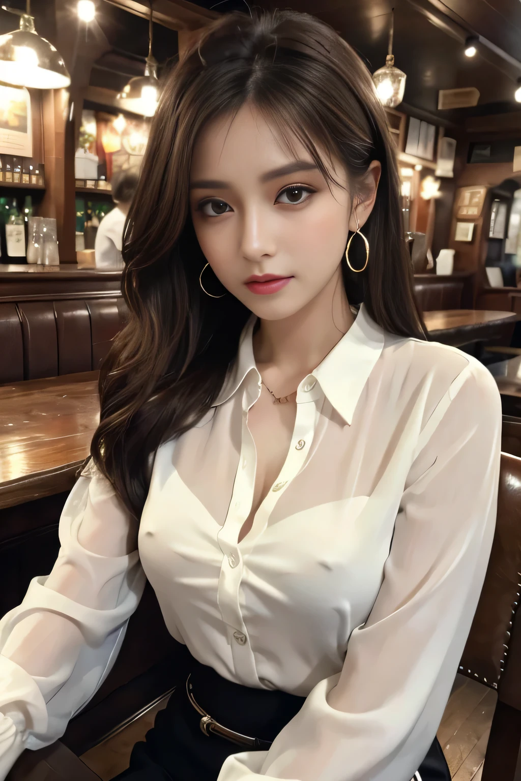masterpiece, highest quality, Realistic, Very detailed, Finer details, High resolution, 8k wallpaper, One beautiful woman, Wear a white see-through blouse, In a great pub, At night, Light brown messy hair, Perfect dynamic composition, Beautiful and beautiful eyes、Big earrings、Sitting in a chair、