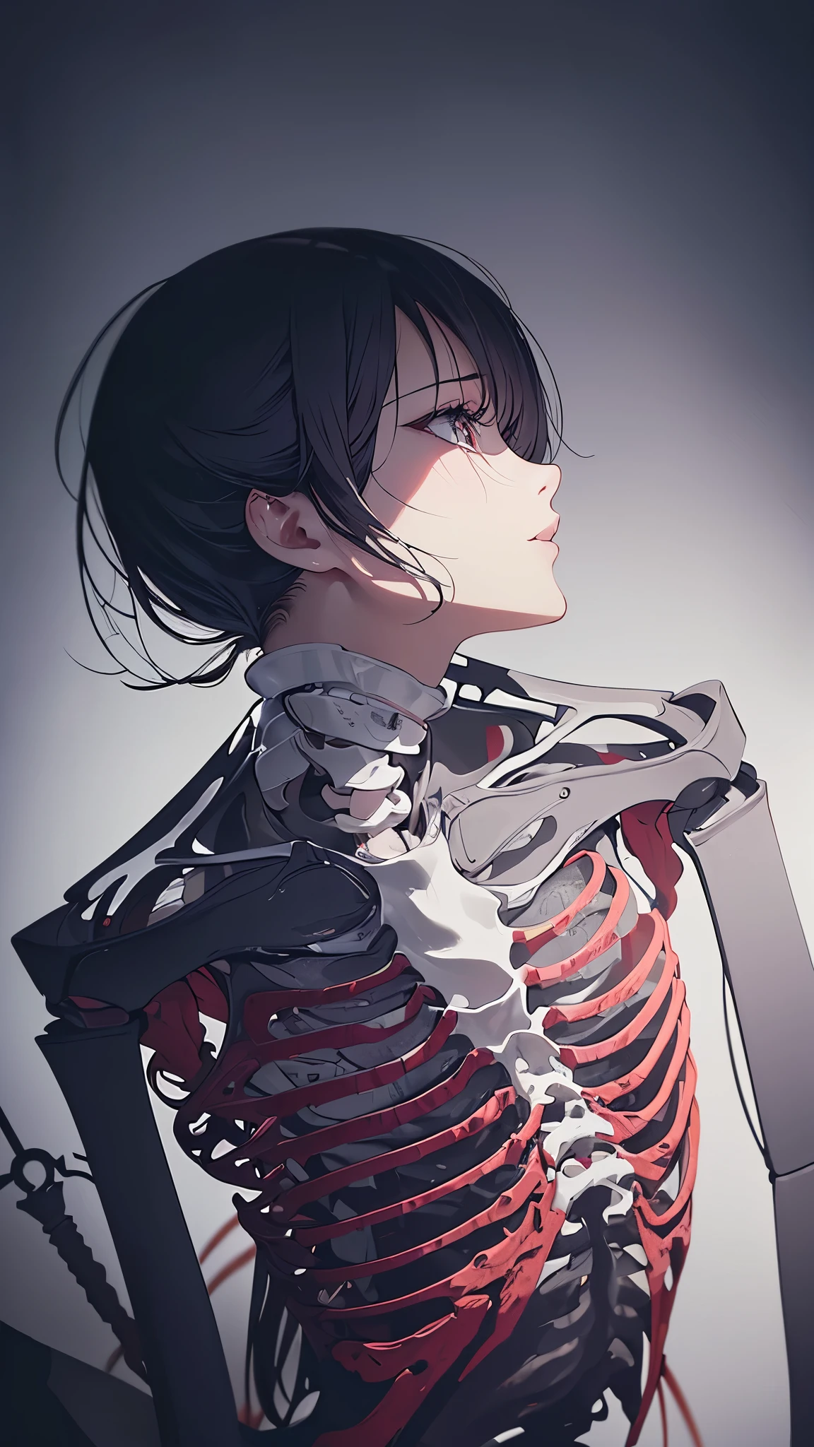 ((8K resolution))、((highest quality))、((masterpiece))、((Very detailed))((((dramatic))), (Anatomically correct)、The depth of the object to write、Looking at the camera、front、(Mechanical bones格、Mechanical boneechanical Cervical Vertebra、Long and thin、lipstick、Spit sludge from the mouth、Bloody)、spooky、an ominous、((theme、whole body:1.1)), SF、Biomechanics、Design、White background