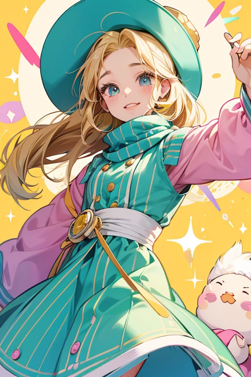 Ameartotchi has white skin, pink cheeks, and oval-shaped eyes with one eyelash each. She wears a pink dress and a yellow scarf. She has a round hat that resembles a swirly lollipop with a tan stick. She has a tuft of light blonde hair that hangs over her forehead. In the anime only, she has has turquoise irises, and her hat is green with yellow stripes. Her modern Tamagotchi Channel artwork depicts her hat as light blue with yellow stripes. SPARKLE; GLITTER