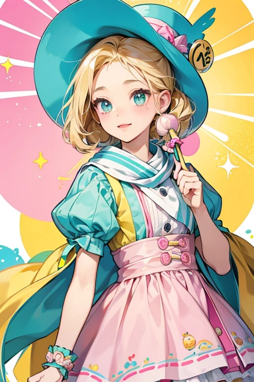 Ameartotchi has white skin, pink cheeks, and oval-shaped eyes with one eyelash each. She wears a pink dress and a yellow scarf. She has a round hat that resembles a swirly lollipop with a tan stick. She has a tuft of light blonde hair that hangs over her forehead. In the anime only, she has has turquoise irises, and her hat is green with yellow stripes. Her modern Tamagotchi Channel artwork depicts her hat as light blue with yellow stripes. SPARKLE; GLITTER