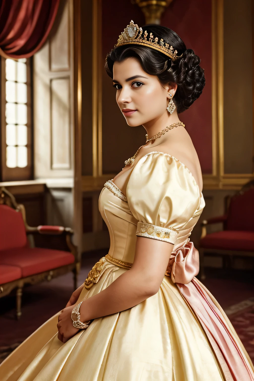 QUEEN, BBW, photo vintage, visage feminin parfait, tache de rousseur, 1888,sfw ,FRONT-side VIEW, Rembrandt LIGHT ,, BEAUTIFUL EYES, BEAUTIFUL HANDS, LIGHT SMILES, PERFECT FACE, tres long décolleté, CASTLE BACKGROUND , NECKLACE, RING, JEWELERY RICH, SFW, VERY COLORFUL, castle ROOM, mangenta royal dress, 4 FINGERS, PERFECT ASS, crown, rococo