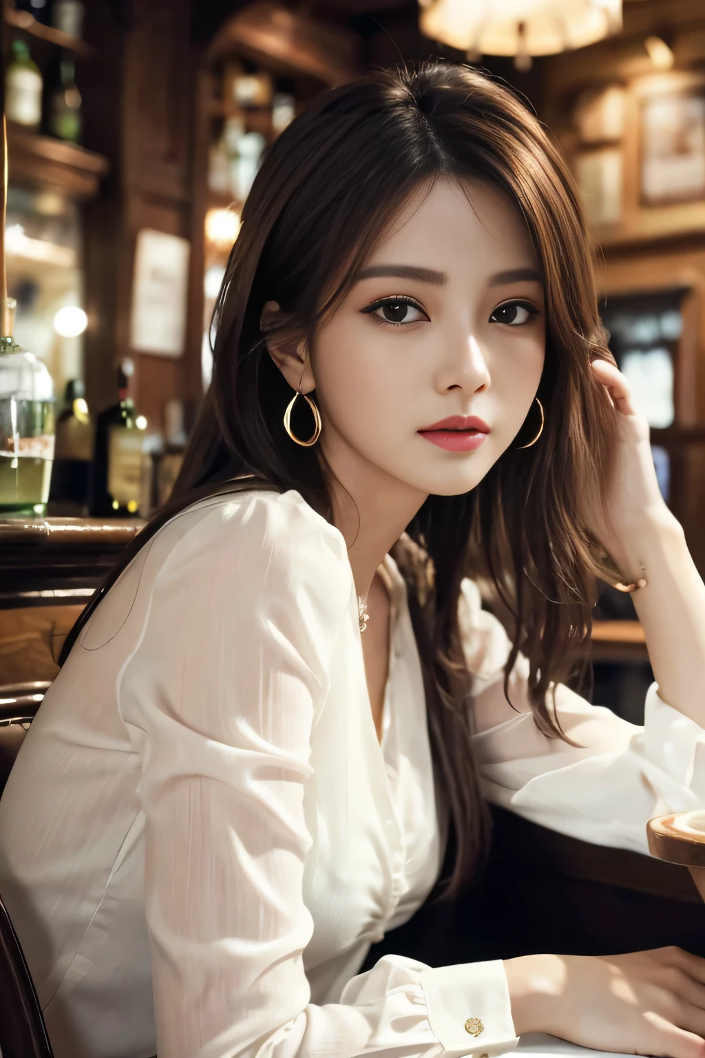 masterpiece, highest quality, Realistic, Very detailed, Finer details, High resolution, 8k wallpaper, One beautiful woman, Wear a white see-through blouse, In a great pub, At night, Light brown messy hair, Perfect dynamic composition, Beautiful and beautiful eyes、Big earrings、Sitting in a chair、