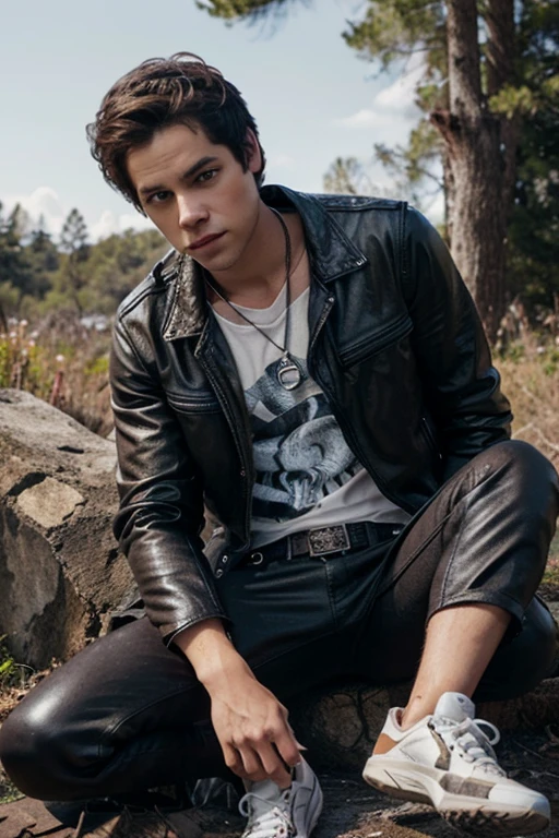 Dylan O'Brien, Stiles 18 years old short messy dark brown hair, honey colored eyes, black open leather jacket, white shirt with fox print, black jeans with silver belt, fox pendant, black tennis shoes with white dark forest background fox aura around black color