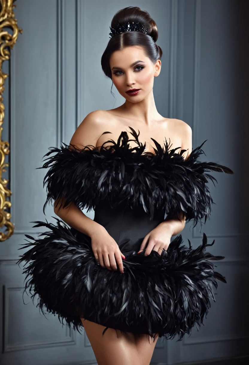 Woman with long dark hair dress in black dress с with open shoulders with feather boa, hairstyle, all hair gathered at the top in a classic bun, in the room hyperdetailed, realistic photo, SDXL  photo 