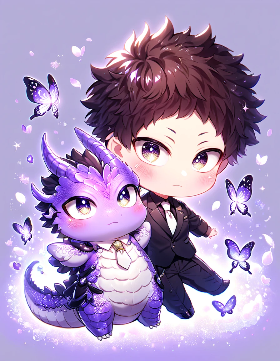 Ultra detailed, Highres, absurdres, HDR, Chisaki Kai Chibi, Overhaul, dark brown hair, short hair, expressive golden eyes, white necktie, black shirt, glittering purple butterflies, Boku No Hero Academia, white gloves, petals, magical, man, cute, very detailed eyes and face, master piece, purple background, purple flowers, glittering, fantasy, hugging a purple dragon, best quality,