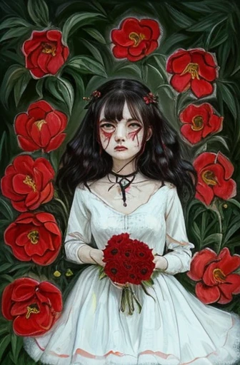 a drawing of a woman in a white dress surrounded by red flowers, inspired by Alice Prin, inspired by Ayako Rokkaku, eerie and grim art style, crimson themed, flowers in her dark hair, sadness personified, inspired by Lajos Gulácsy, red tears, humanoids overgrown with flowers, teary eyes