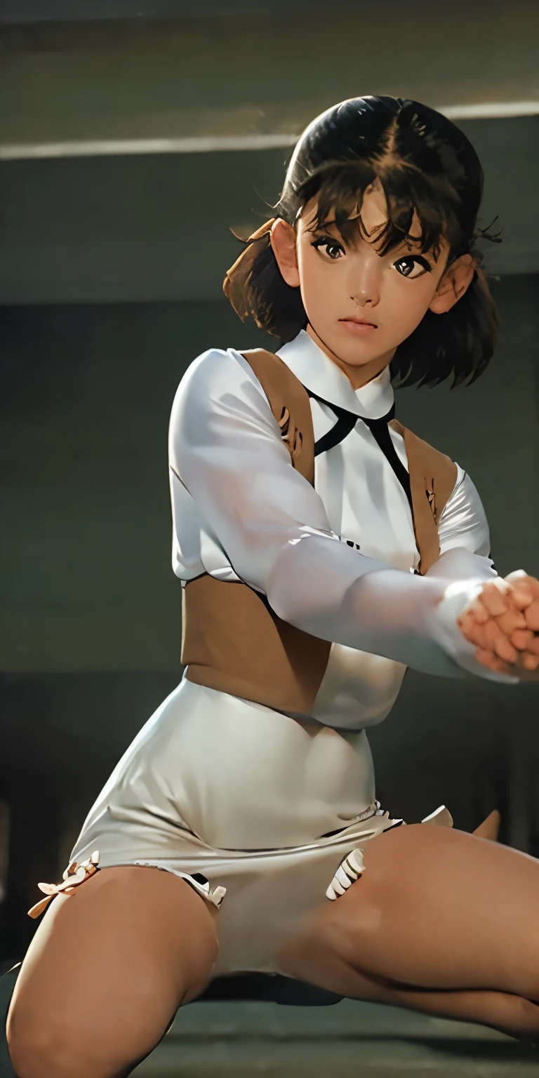Ultra-realistic 8K CG,masterpiece,((Highly detailed background, Delicate pattern, Intricate details)),mini skirt、Female Space Detective Annie、Squatting and raising your knees、Spread your legs wide、You can clearly see her white panties、Female Space Detective Annie、She is kneeling with her legs open, her white panties are visible、Beautiful 、White panties are visible in the Iaido pose、front、Beautiful thighs、highest quality,very detailed face,Very beautiful eyes and face,Very beautiful eyes,Kocho Shinobu,Colorful Hair,No bangs,Hair intake,Purple eyes,amount,,belt,(garden:1.2),Purple Flower,a bit,cloudy null,sunlight,Tyndall effect,slope_null,face,Gorgeous null,West Saber,Attractive posture,