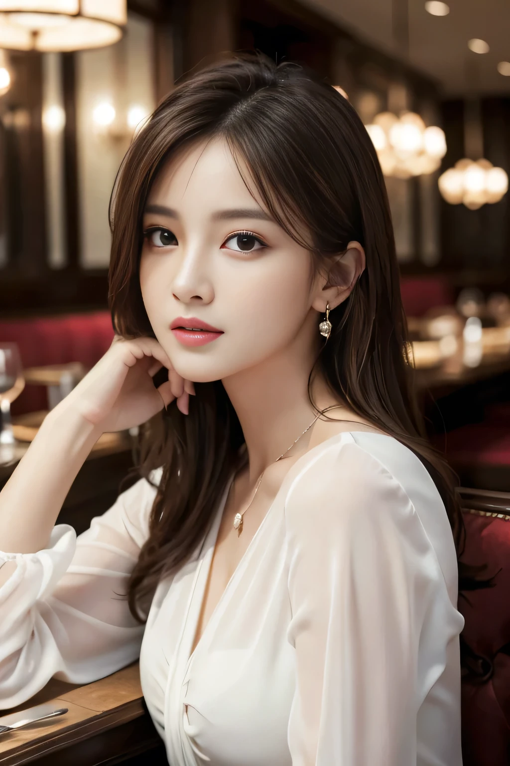 masterpiece, highest quality, Realistic, Very detailed, Finer details, High resolution, 8k wallpaper, One beautiful woman, Wear an elegant white see-through blouse, In a great restaurant, At night, Light brown messy hair, Perfect dynamic composition, Beautiful and beautiful eyes、Big earrings、Sitting in a chair、